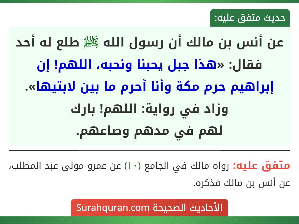 عن أنس بن مالك أن رسول الله ﷺ طلع له أحد فقال: «هذا جبل يحبنا ونحبه، اللهم! إن إبراهيم حرم مكة وأنا أحرم ما بين لابتيها». وزاد في رواية: اللهم! بارك
لهم في مدهم وصاعهم.