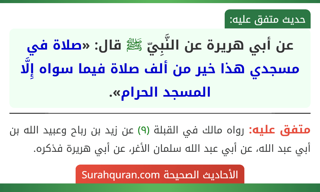عن أبي هريرة عن النَّبِيّ ﷺ قال: «صلاة في مسجدي هذا خير من ألف صلاة فيما سواه إِلَّا المسجد الحرام». عن أبي هريرة عن النَّبِيّ ﷺ قال: «صلاة في مسجدي هذا خير من ألف صلاة فيما سواه إِلَّا المسجد الحرام».