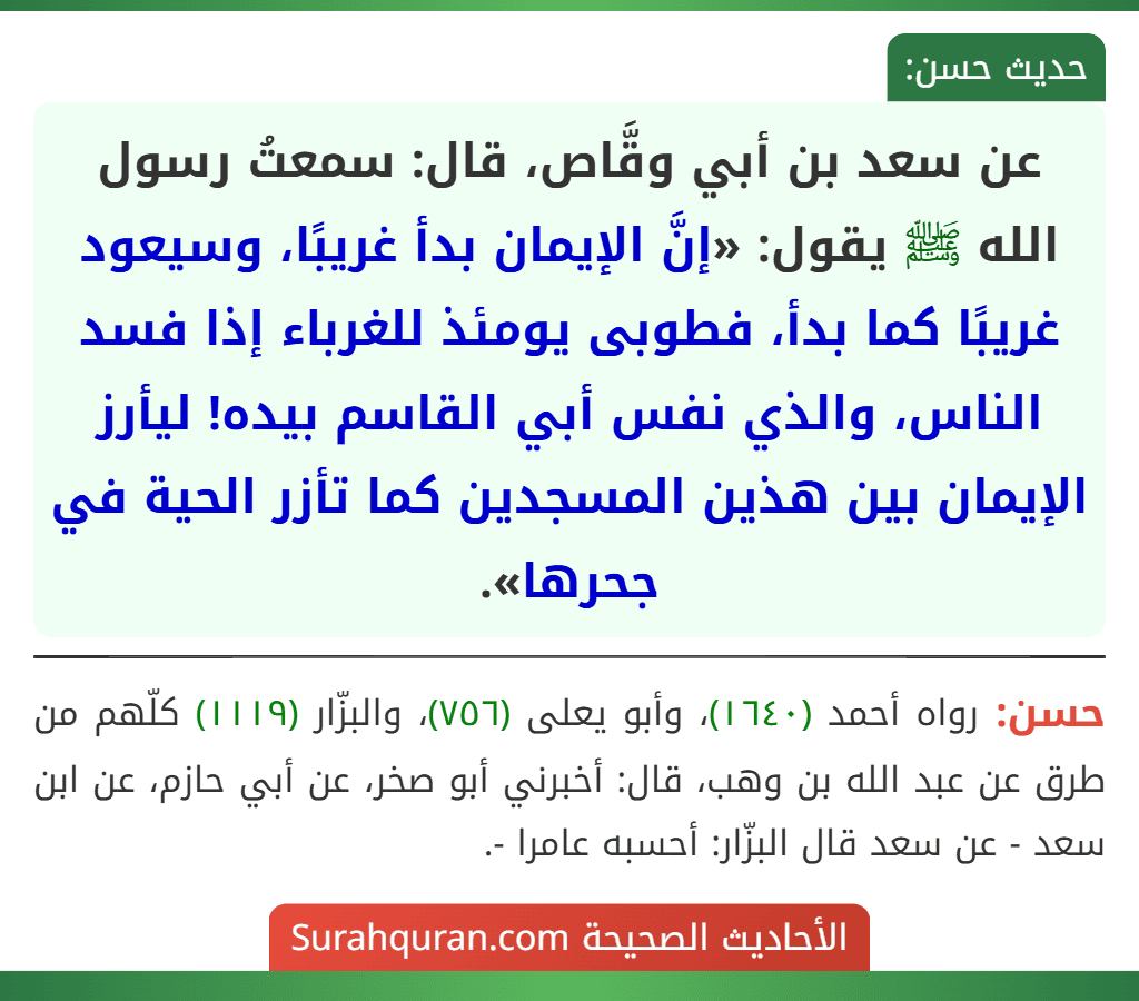 عن سعد بن أبي وقَّاص، قال: سمعتُ رسول الله ﷺ يقول: «إنَّ الإيمان بدأ غريبًا، وسيعود غريبًا كما بدأ، فطوبى يومئذ للغرباء إذا فسد الناس، والذي نفس أبي القاسم بيده! ليأرز الإيمان بين هذين المسجدين كما تأزر الحية في جحرها». عن سعد بن أبي وقَّاص، قال: سمعتُ رسول الله ﷺ يقول: «إنَّ الإيمان بدأ غريبًا، وسيعود غريبًا كما بدأ، فطوبى يومئذ للغرباء إذا فسد الناس، والذي نفس أبي القاسم بيده! ليأرز الإيمان بين هذين المسجدين كما تأزر الحية في جحرها».