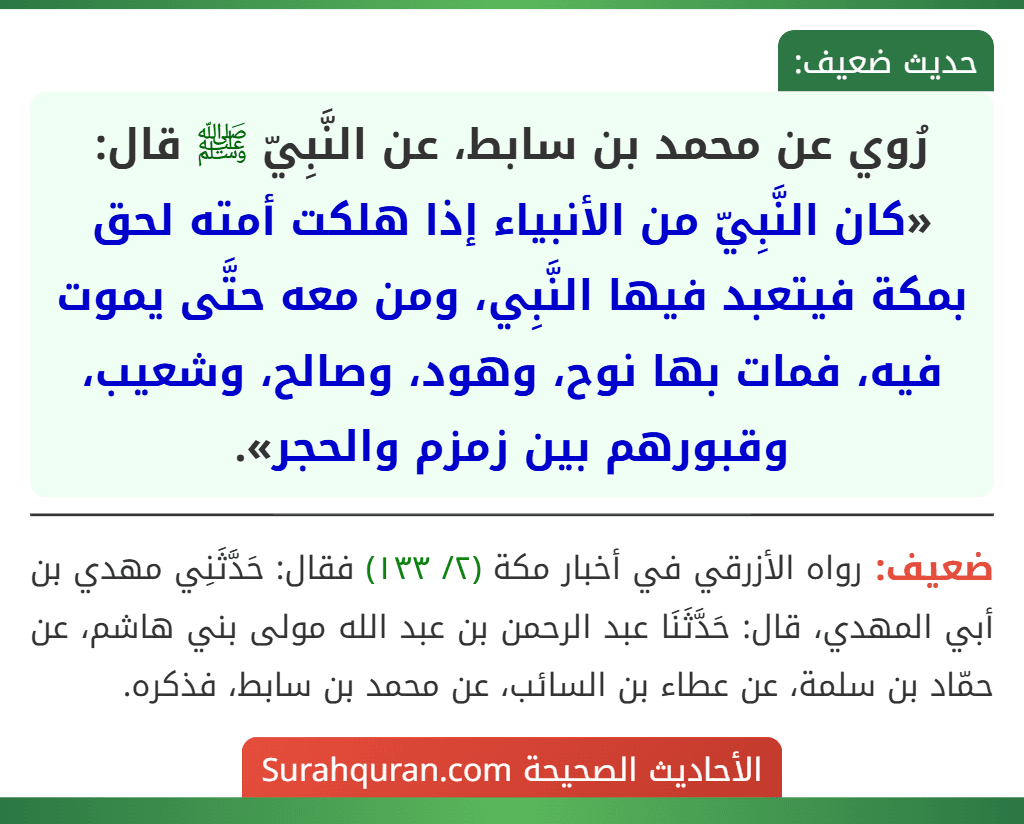 رُوي عن محمد بن سابط، عن النَّبِيّ ﷺ قال: «كان النَّبِيّ من الأنبياء إذا هلكت أمته لحق بمكة فيتعبد فيها النَّبِي، ومن معه حتَّى يموت فيه، فمات بها نوح، وهود، وصالح، وشعيب، وقبورهم بين زمزم والحجر».