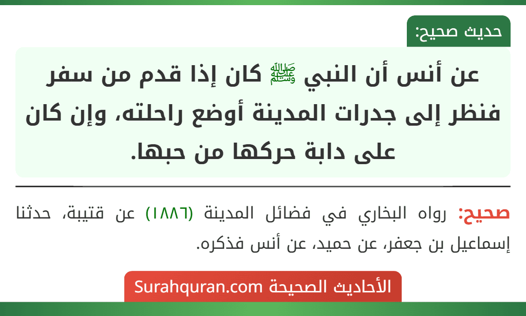عن أنس أن النبي ﷺ كان إذا قدم من سفر فنظر إلى جدرات المدينة أوضع راحلته، وإن كان على دابة حركها من حبها. عن أنس أن النبي ﷺ كان إذا قدم من سفر فنظر إلى جدرات المدينة أوضع راحلته، وإن كان على دابة حركها من حبها.