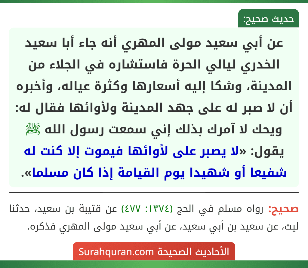 عن أبي سعيد مولى المهري أنه جاء أبا سعيد الخدري ليالي الحرة فاستشاره في الجلاء من المدينة، وشكا إليه أسعارها وكثرة عياله، وأخبره أن لا صبر له على جهد المدينة ولأوائها فقال له: ويحك لا آمرك بذلك إني سمعت رسول الله ﷺ يقول: «لا يصبر على لأوائها فيموت إلا كنت له شفيعا أو شهيدا يوم القيامة إذا كان مسلما».