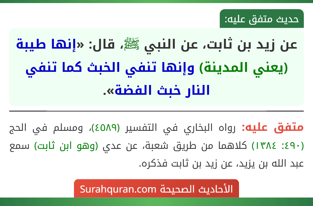 عن زيد بن ثابت، عن النبي ﷺ، قال: «إنها طيبة (يعني المدينة) وإنها تنفي الخبث كما تنفي النار خبث الفضة».