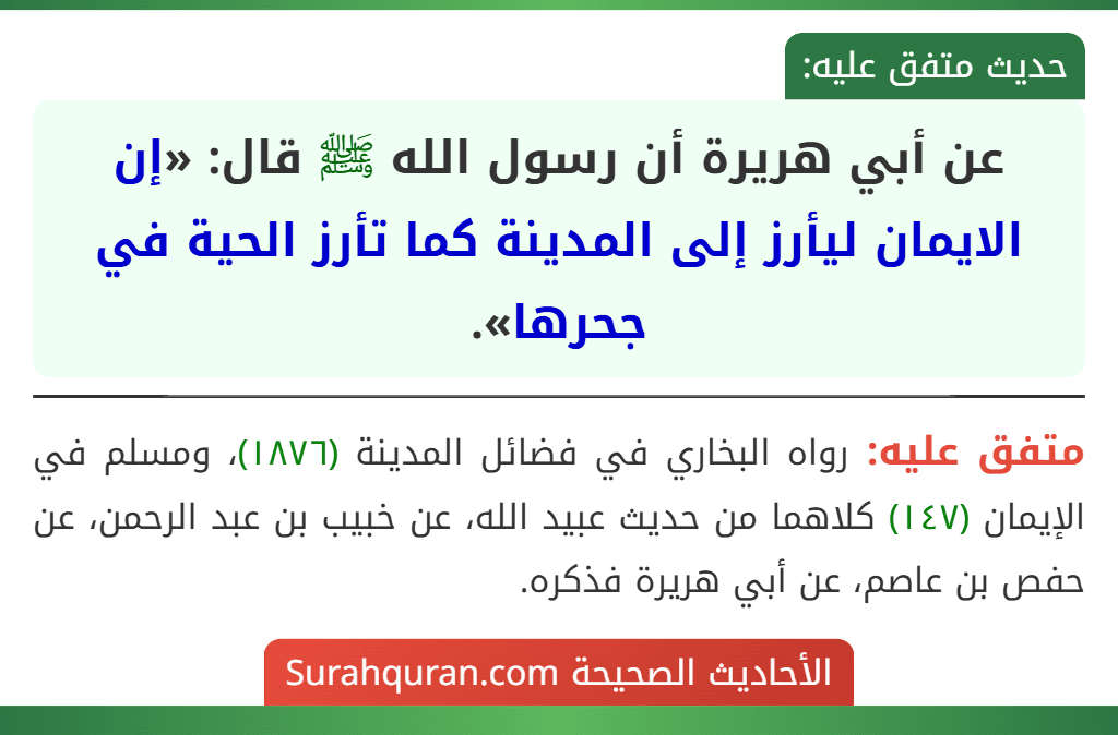 عن أبي هريرة أن رسول الله ﷺ قال: «إن الايمان ليأرز إلى المدينة كما تأرز الحية في جحرها».