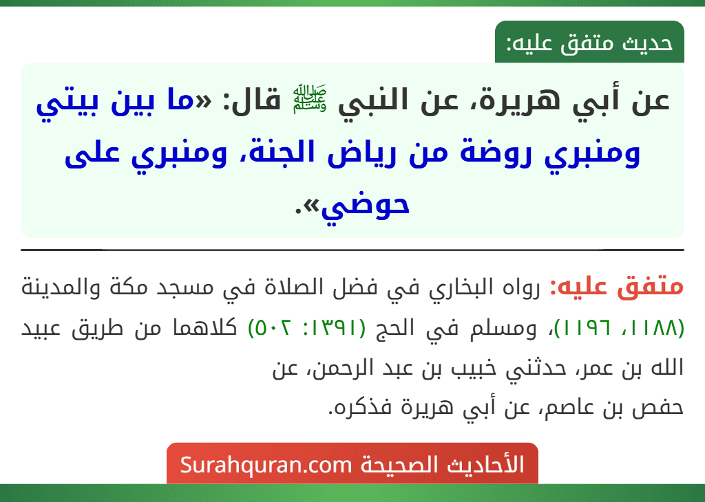 عن أبي هريرة، عن النبي ﷺ قال: «ما بين بيتي ومنبري روضة من رياض الجنة، ومنبري على حوضي».