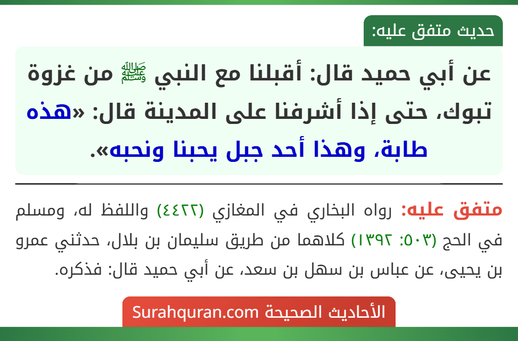 عن أبي حميد قال: أقبلنا مع النبي ﷺ من غزوة تبوك، حتى إذا أشرفنا على المدينة قال: «هذه طابة، وهذا أحد جبل يحبنا ونحبه». عن أبي حميد قال: أقبلنا مع النبي ﷺ من غزوة تبوك، حتى إذا أشرفنا على المدينة قال: «هذه طابة، وهذا أحد جبل يحبنا ونحبه».