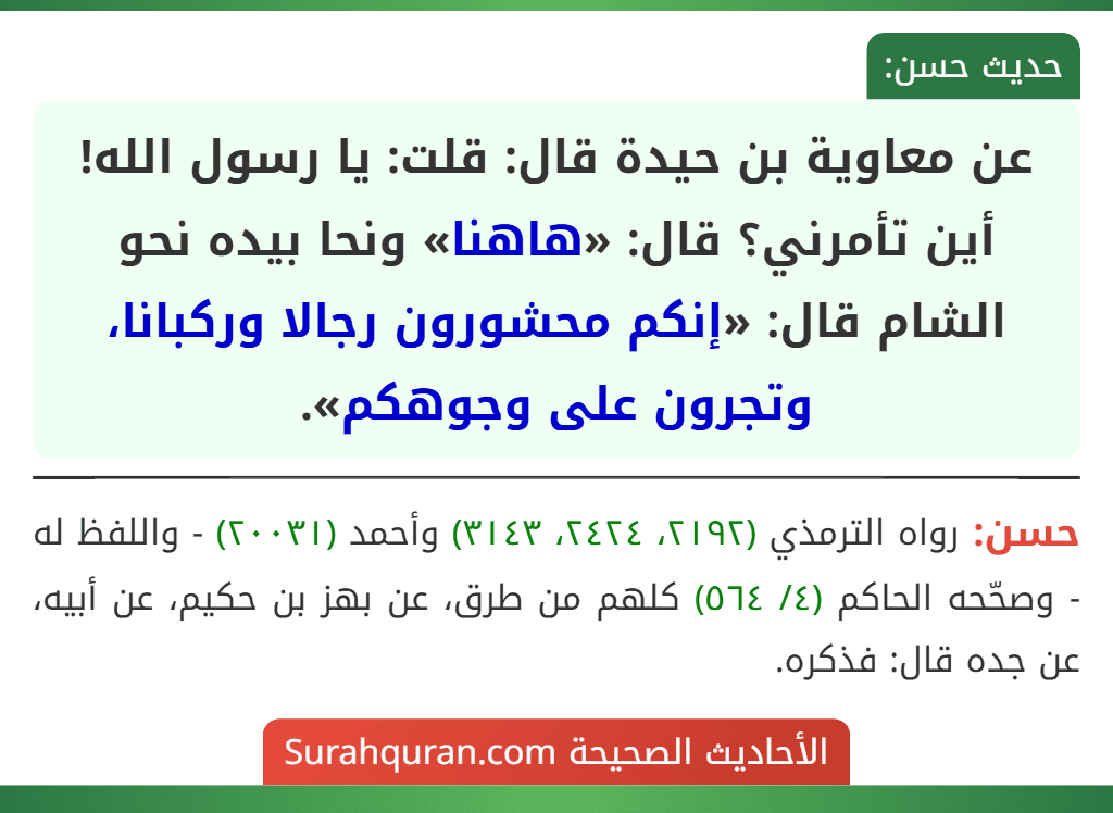عن معاوية بن حيدة قال: قلت: يا رسول الله! أين تأمرني؟ قال: «هاهنا» ونحا بيده نحو الشام قال: «إنكم محشورون رجالا وركبانا، وتجرون على وجوهكم». عن معاوية بن حيدة قال: قلت: يا رسول الله! أين تأمرني؟ قال: «هاهنا» ونحا بيده نحو الشام قال: «إنكم محشورون رجالا وركبانا، وتجرون على وجوهكم».