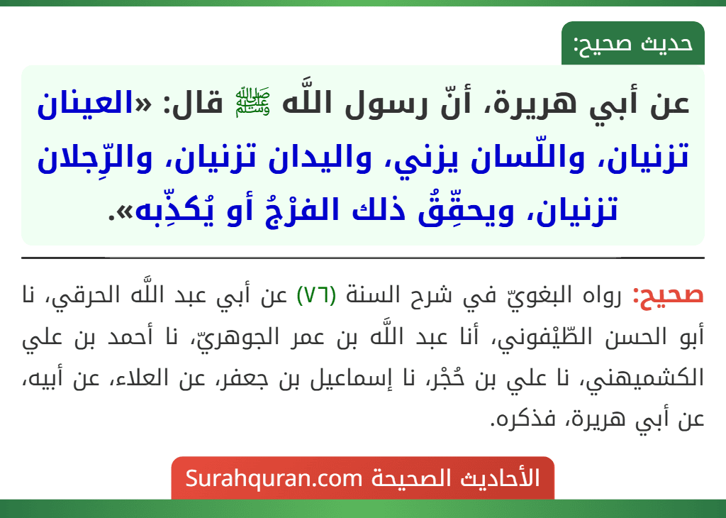 عن أبي هريرة، أنّ رسول اللَّه ﷺ قال: «العينان تزنيان، واللّسان يزني، واليدان تزنيان، والرِّجلان تزنيان، ويحقِّقُ ذلك الفرْجُ أو يُكذِّبه». عن أبي هريرة، أنّ رسول اللَّه ﷺ قال: «العينان تزنيان، واللّسان يزني، واليدان تزنيان، والرِّجلان تزنيان، ويحقِّقُ ذلك الفرْجُ أو يُكذِّبه».