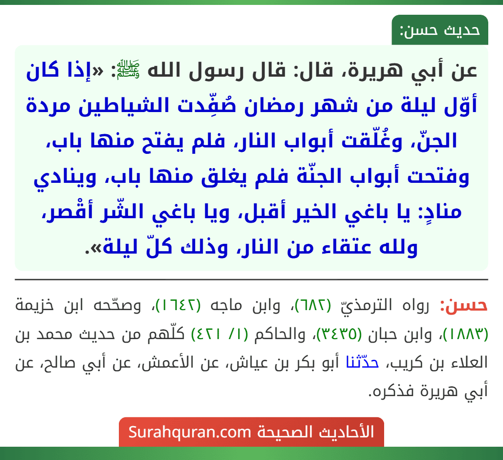 عن أبي هريرة، قال: قال رسول الله ﷺ: «إذا كان أوّل ليلة من شهر رمضان صُفِّدت الشياطين مردة الجنّ، وغُلّقت أبواب النار، فلم يفتح منها باب، وفتحت أبواب الجنّة فلم يغلق منها باب، وينادي منادٍ: يا باغي الخير أقبل، ويا باغي الشّر أقْصر، ولله عتقاء من النار، وذلك كلّ ليلة». عن أبي هريرة، قال: قال رسول الله ﷺ: «إذا كان أوّل ليلة من شهر رمضان صُفِّدت الشياطين مردة الجنّ، وغُلّقت أبواب النار، فلم يفتح منها باب، وفتحت أبواب الجنّة فلم يغلق منها باب، وينادي منادٍ: يا باغي الخير أقبل، ويا باغي الشّر أقْصر، ولله عتقاء من النار، وذلك كلّ ليلة».
