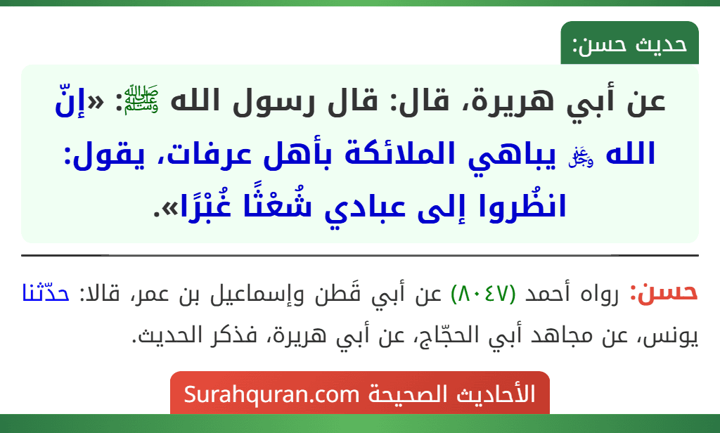 عن أبي هريرة، قال: قال رسول الله ﷺ: «إنّ الله ﷿ يباهي الملائكة بأهل عرفات، يقول: انظُروا إلى عبادي شُعْثًا غُبْرًا».