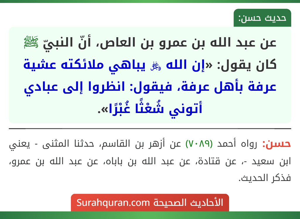 عن عبد الله بن عمرو بن العاص، أنّ النبيّ ﷺ كان يقول: «إن الله ﷿ يباهي ملائكته عشية عرفة بأهل عرفة، فيقول: انظروا إلى عبادي أتوني شُعْثًا غُبْرًا». عن عبد الله بن عمرو بن العاص، أنّ النبيّ ﷺ كان يقول: «إن الله ﷿ يباهي ملائكته عشية عرفة بأهل عرفة، فيقول: انظروا إلى عبادي أتوني شُعْثًا غُبْرًا».