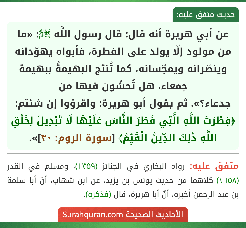 عن أبي هريرة أنه قال: قال رسول اللَّه ﷺ: «ما من مولود إلّا يولد على الفطرة، فأبواه يهوّدانه وينصّرانه ويمجّسانه، كما تُنتج البهيمةُ ببهيمة جمعاء، هل تُحسُّون فيها من جدعاء؟». ثم يقول أبو هريرة: واقرؤوا إن شئتم: ﴿فِطْرَتَ اللَّهِ الَّتِي فَطَرَ النَّاسَ عَلَيْهَا لَا تَبْدِيلَ لِخَلْقِ اللَّهِ ذَلِكَ الدِّينُ الْقَيِّمُ﴾ [سورة الروم: ٣٠]».