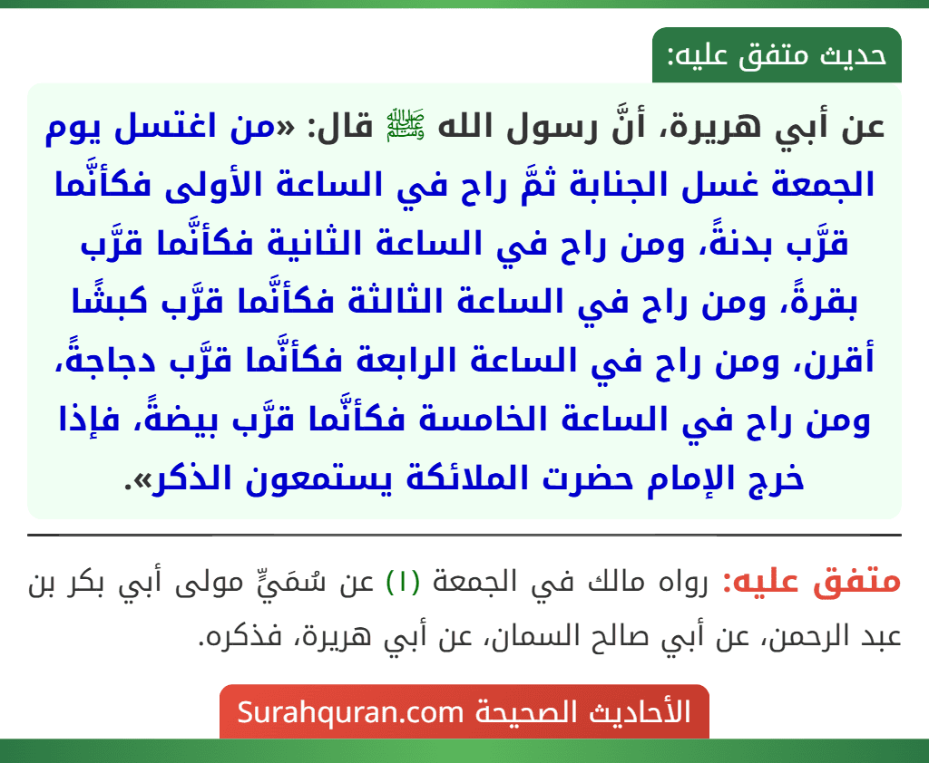 عن أبي هريرة، أنَّ رسول الله ﷺ قال: «من اغتسل يوم الجمعة غسل الجنابة ثمَّ راح في الساعة الأولى فكأنَّما قرَّب بدنةً، ومن راح في الساعة الثانية فكأنَّما قرَّب بقرةً، ومن راح في الساعة الثالثة فكأنَّما قرَّب كبشًا أقرن، ومن راح في الساعة الرابعة فكأنَّما قرَّب دجاجةً، ومن راح في الساعة الخامسة فكأنَّما قرَّب بيضةً، فإذا خرج الإمام حضرت الملائكة يستمعون الذكر».
