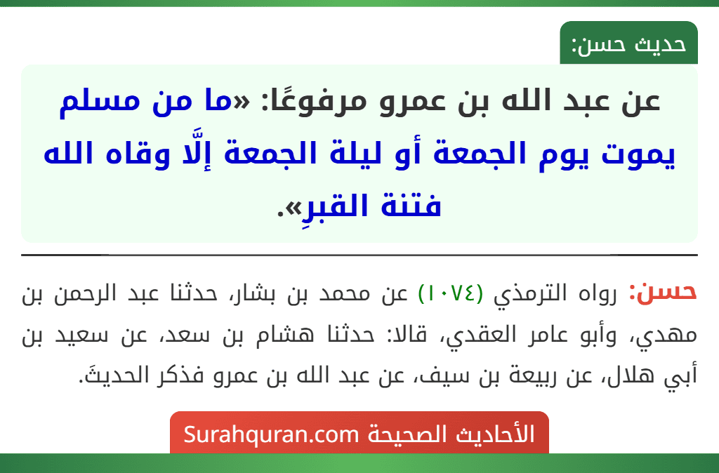 عن عبد الله بن عمرو مرفوعًا: «ما من مسلم يموت يوم الجمعة أو ليلة الجمعة إلَّا وقاه الله فتنة القبرِ».