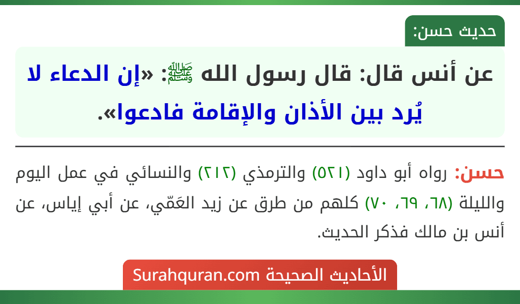 عن أنس قال: قال رسول الله ﷺ: «إن الدعاء لا يُرد بين الأذان والإقامة فادعوا».