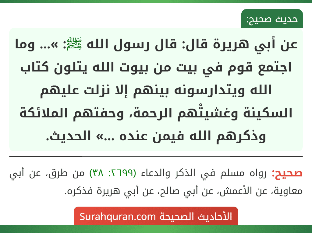 عن أبي هريرة قال: قال رسول الله ﷺ: »... وما اجتمع قوم في بيت من بيوت الله يتلون كتاب الله ويتدارسونه بينهم إلا نزلت عليهم السكينة وغشيتْهم الرحمة، وحفتهم الملائكة وذكرهم الله فيمن عنده ...» الحديث. عن أبي هريرة قال: قال رسول الله ﷺ: »... وما اجتمع قوم في بيت من بيوت الله يتلون كتاب الله ويتدارسونه بينهم إلا نزلت عليهم السكينة وغشيتْهم الرحمة، وحفتهم الملائكة وذكرهم الله فيمن عنده ...» الحديث.