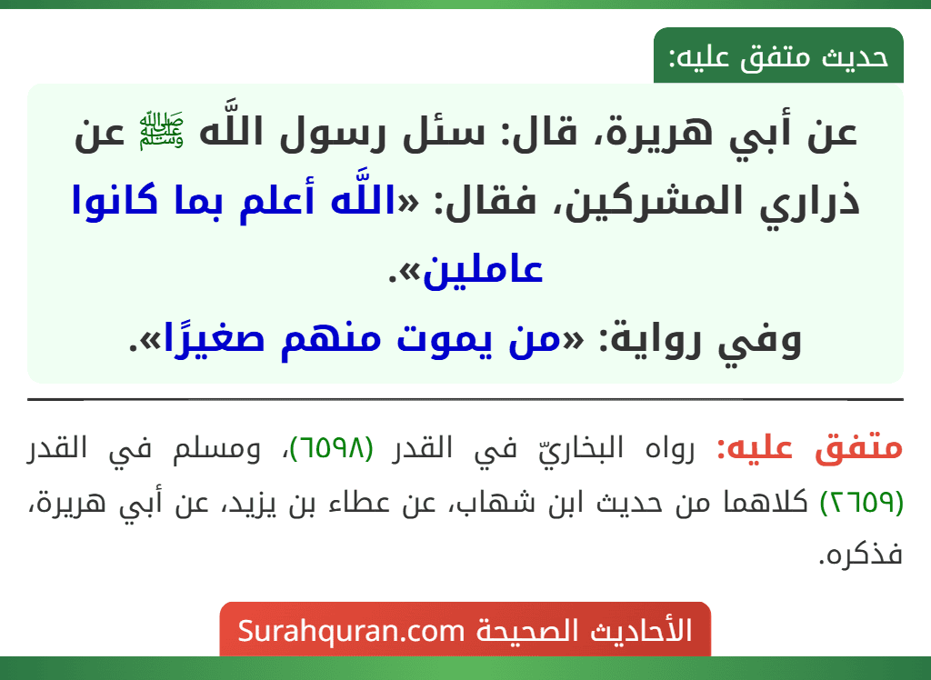 عن أبي هريرة، قال: سئل رسول اللَّه ﷺ عن ذراري المشركين، فقال: «اللَّه أعلم بما كانوا عاملين».
وفي رواية: «من يموت منهم صغيرًا».
