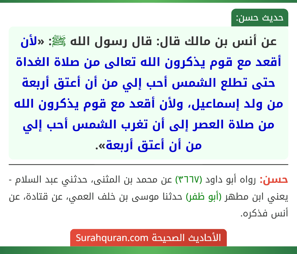 عن أنس بن مالك قال: قال رسول الله ﷺ: «لأن أقعد مع قوم يذكرون الله تعالى من صلاة الغداة حتى تطلع الشمس أحب إلي من أن أعتق أربعة من ولد إسماعيل، ولأن أقعد مع قوم يذكرون الله من صلاة العصر إلى أن تغرب الشمس أحب إلي من أن أعتق أربعة».