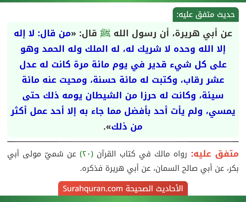 عن أبي هريرة، أن رسول الله ﷺ قال: «من قال: لا إله إلا الله وحده لا شريك له، له الملك وله الحمد وهو على كل شيء قدير في يوم مائة مرة كانت له عدل عشر رقاب، وكتبت له مائة حسنة، ومحيت عنه مائة سيئة، وكانت له حرزا من الشيطان يومه ذلك حتى يمسي، ولم يأت أحد بأفضل مما جاء به إلا أحد عمل أكثر من ذلك».