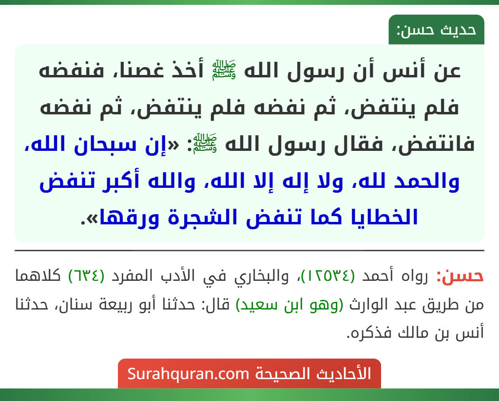 عن أنس أن رسول الله ﷺ أخذ غصنا، فنفضه فلم ينتفض، ثم نفضه فلم ينتفض، ثم نفضه فانتفض، فقال رسول الله ﷺ: «إن سبحان الله، والحمد لله، ولا إله إلا الله، والله أكبر تنفض الخطايا كما تنفض الشجرة ورقها».