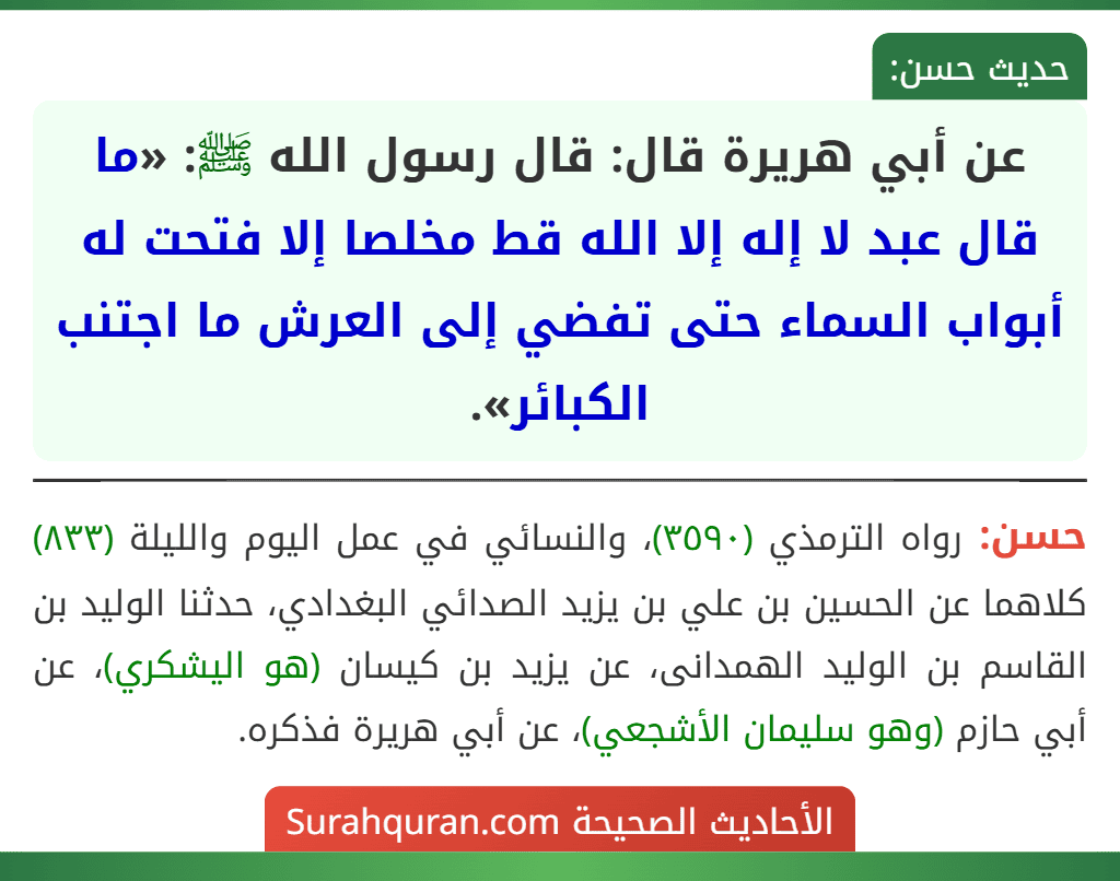 عن أبي هريرة قال: قال رسول الله ﷺ: «ما قال عبد لا إله إلا الله قط مخلصا إلا فتحت له أبواب السماء حتى تفضي إلى العرش ما اجتنب الكبائر». عن أبي هريرة قال: قال رسول الله ﷺ: «ما قال عبد لا إله إلا الله قط مخلصا إلا فتحت له أبواب السماء حتى تفضي إلى العرش ما اجتنب الكبائر».