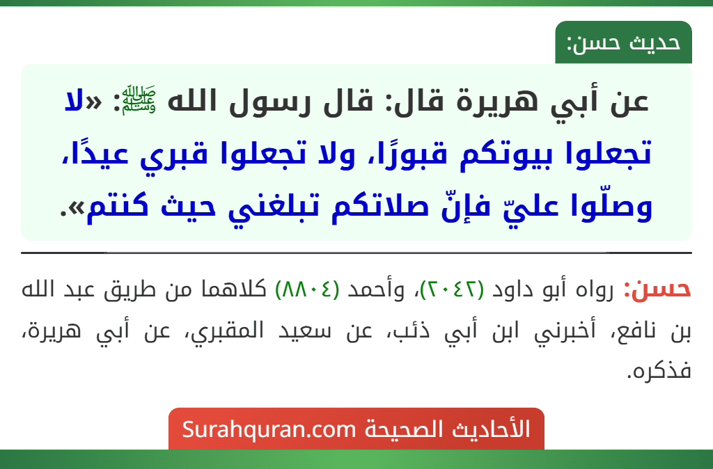 عن أبي هريرة قال: قال رسول الله ﷺ: «لا تجعلوا بيوتكم قبورًا، ولا تجعلوا قبري عيدًا، وصلّوا عليّ فإنّ صلاتكم تبلغني حيث كنتم».