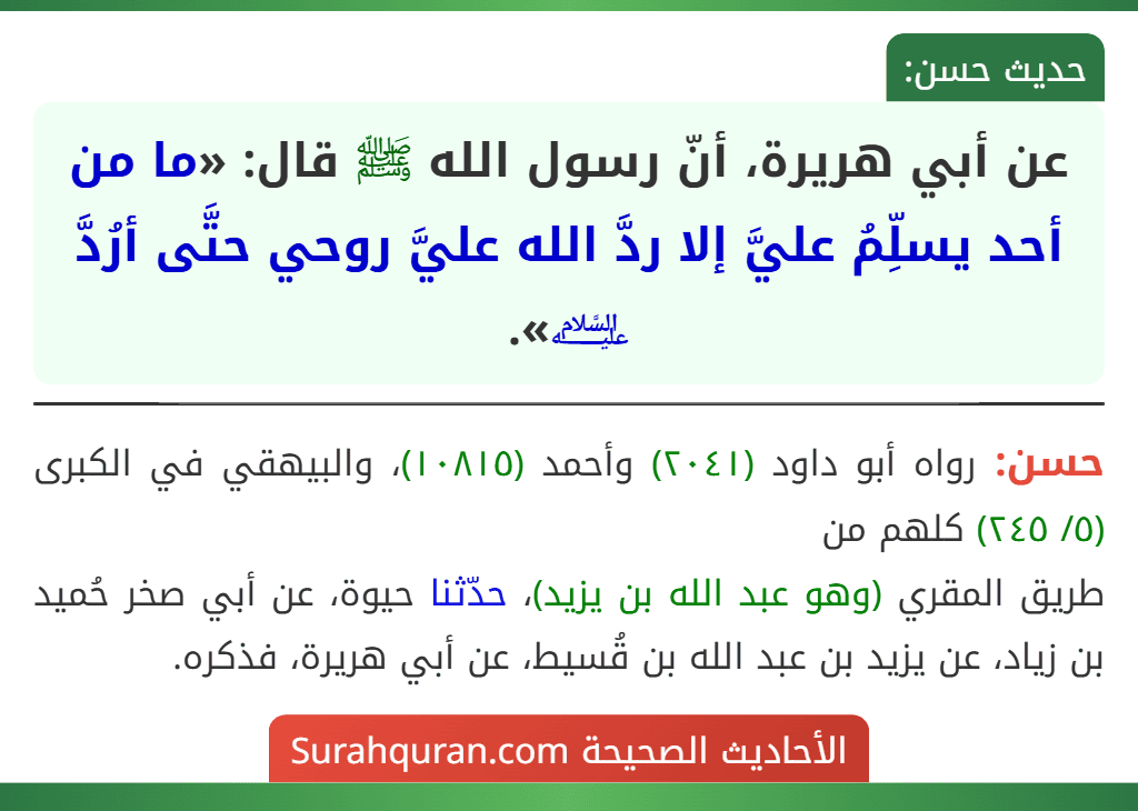عن أبي هريرة، أنّ رسول الله ﷺ قال: «ما من أحد يسلِّمُ عليَّ إلا ردَّ الله عليَّ روحي حتَّى أرُدَّ ﵇». عن أبي هريرة، أنّ رسول الله ﷺ قال: «ما من أحد يسلِّمُ عليَّ إلا ردَّ الله عليَّ روحي حتَّى أرُدَّ ﵇».