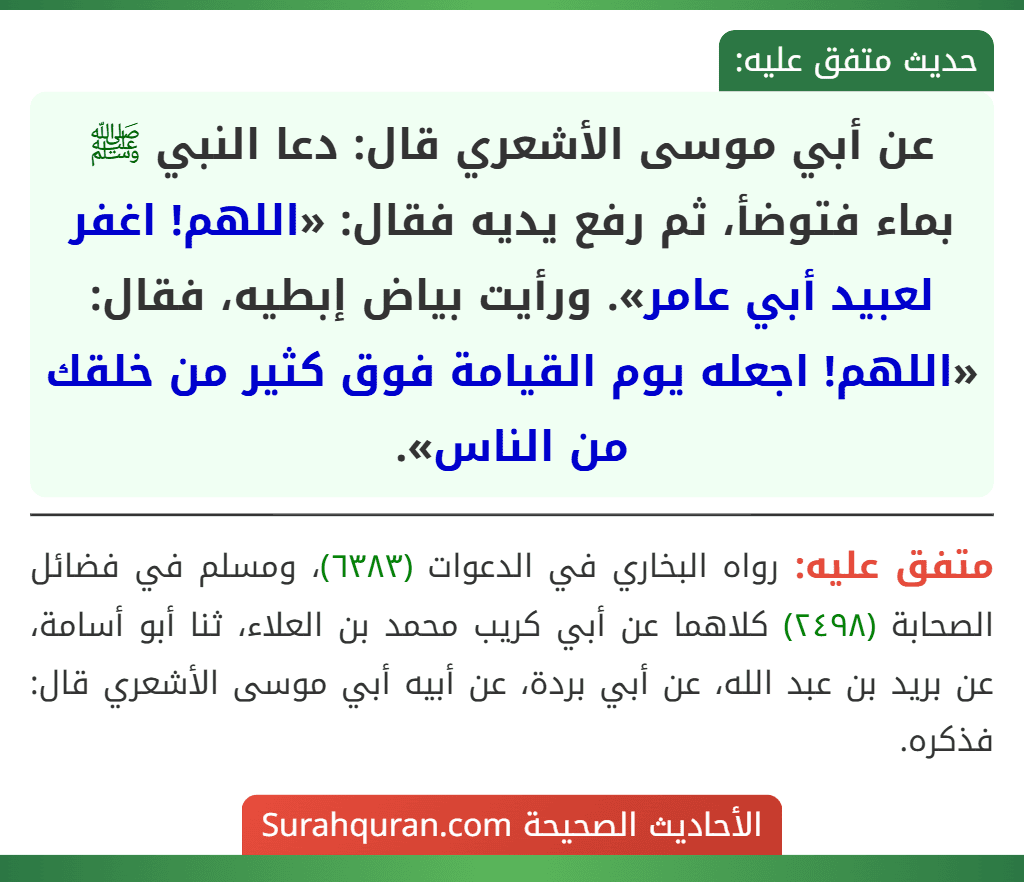 عن أبي موسى الأشعري قال: دعا النبي ﷺ بماء فتوضأ، ثم رفع يديه فقال: «اللهم! اغفر لعبيد أبي عامر». ورأيت بياض إبطيه، فقال: «اللهم! اجعله يوم القيامة فوق كثير من خلقك من الناس».