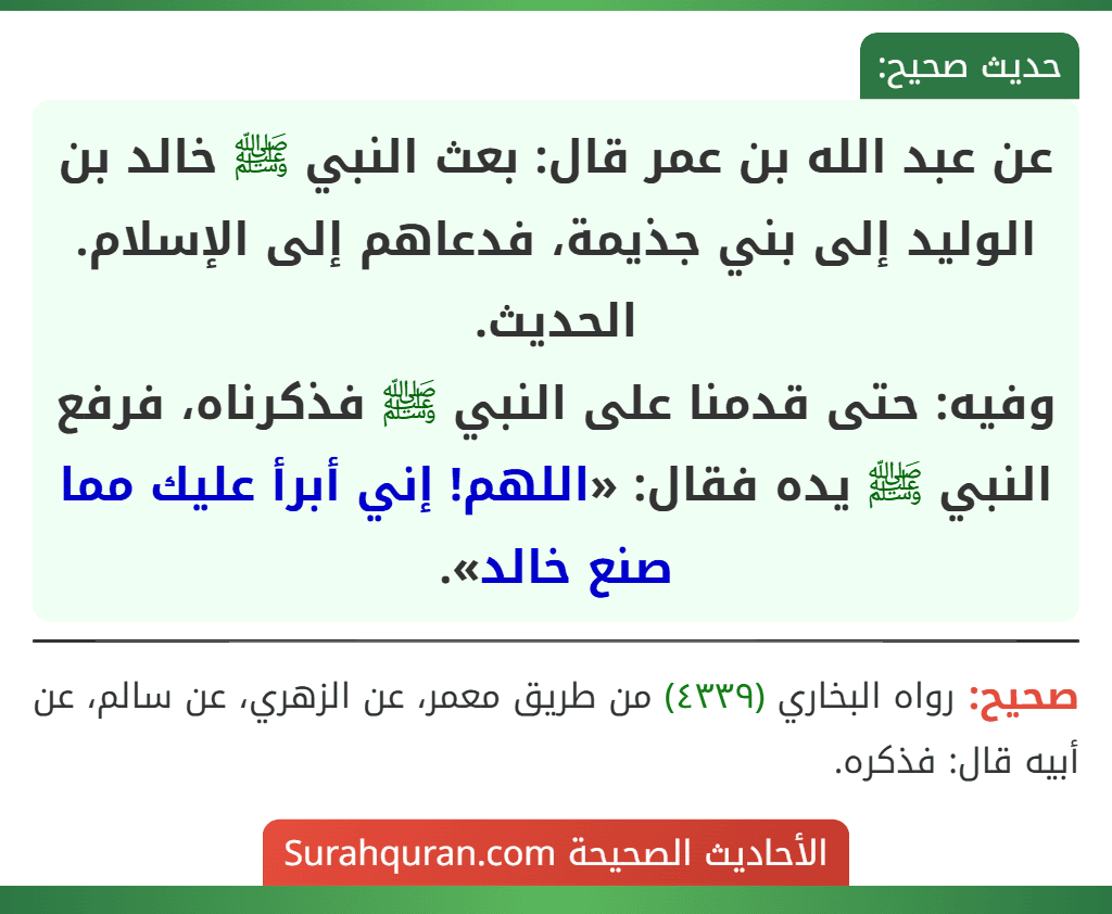 عن عبد الله بن عمر قال: بعث النبي ﷺ خالد بن الوليد إلى بني جذيمة، فدعاهم إلى الإسلام. الحديث.
وفيه: حتى قدمنا على النبي ﷺ فذكرناه، فرفع النبي ﷺ يده فقال: «اللهم! إني أبرأ عليك مما صنع خالد».
