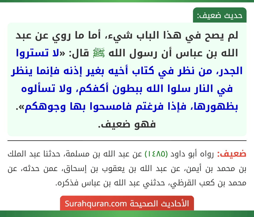 لم يصح في هذا الباب شيء، أما ما روي عن عبد الله بن عباس أن رسول الله ﷺ قال: «لا تستروا الجدر، من نظر في كتاب أخيه بغير إذنه فإنما ينظر في النار سلوا الله ببطون أكفكم، ولا تسألوه بظهورها، فإذا فرغتم فامسحوا بها وجوهكم». فهو ضعيف.