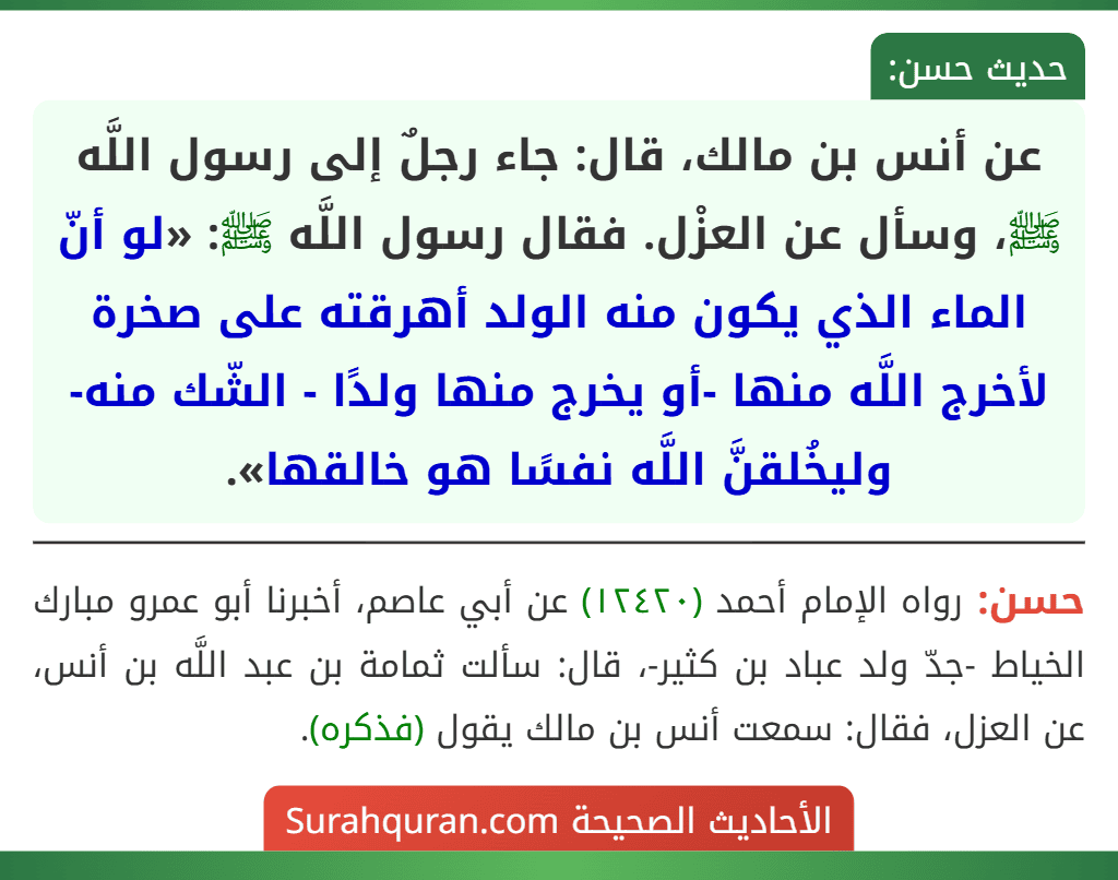عن أنس بن مالك، قال: جاء رجلٌ إلى رسول اللَّه ﷺ، وسأل عن العزْل. فقال رسول اللَّه ﷺ: «لو أنّ الماء الذي يكون منه الولد أهرقته على صخرة لأخرج اللَّه منها -أو يخرج منها ولدًا - الشّك منه- وليخُلقنَّ اللَّه نفسًا هو خالقها».