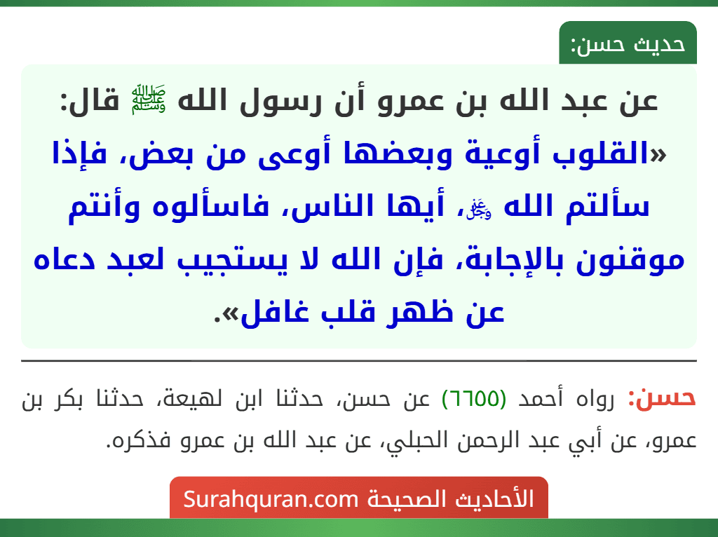 عن عبد الله بن عمرو أن رسول الله ﷺ قال: «القلوب أوعية وبعضها أوعى من بعض، فإذا سألتم الله ﷿، أيها الناس، فاسألوه وأنتم موقنون بالإجابة، فإن الله لا يستجيب لعبد دعاه عن ظهر قلب غافل».