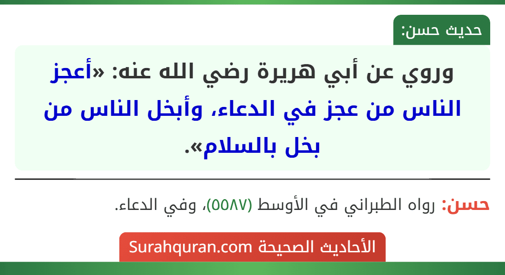 وروي عن أبي هريرة رضي الله عنه: «أعجز الناس من عجز في الدعاء، وأبخل الناس من بخل بالسلام».