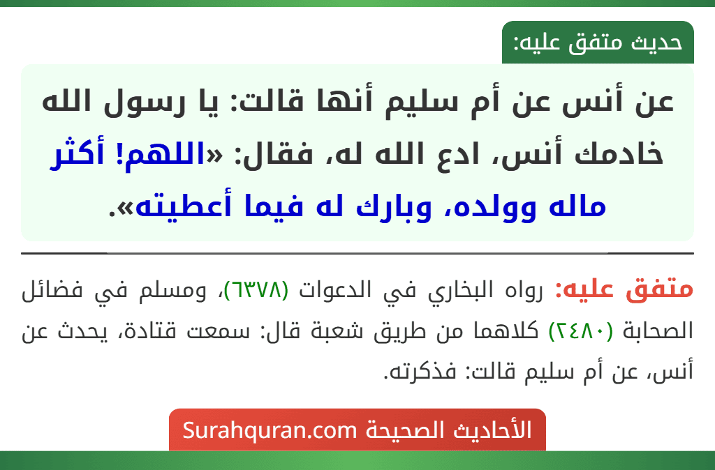 عن أنس عن أم سليم أنها قالت: يا رسول الله خادمك أنس، ادع الله له، فقال: «اللهم! أكثر ماله وولده، وبارك له فيما أعطيته».
