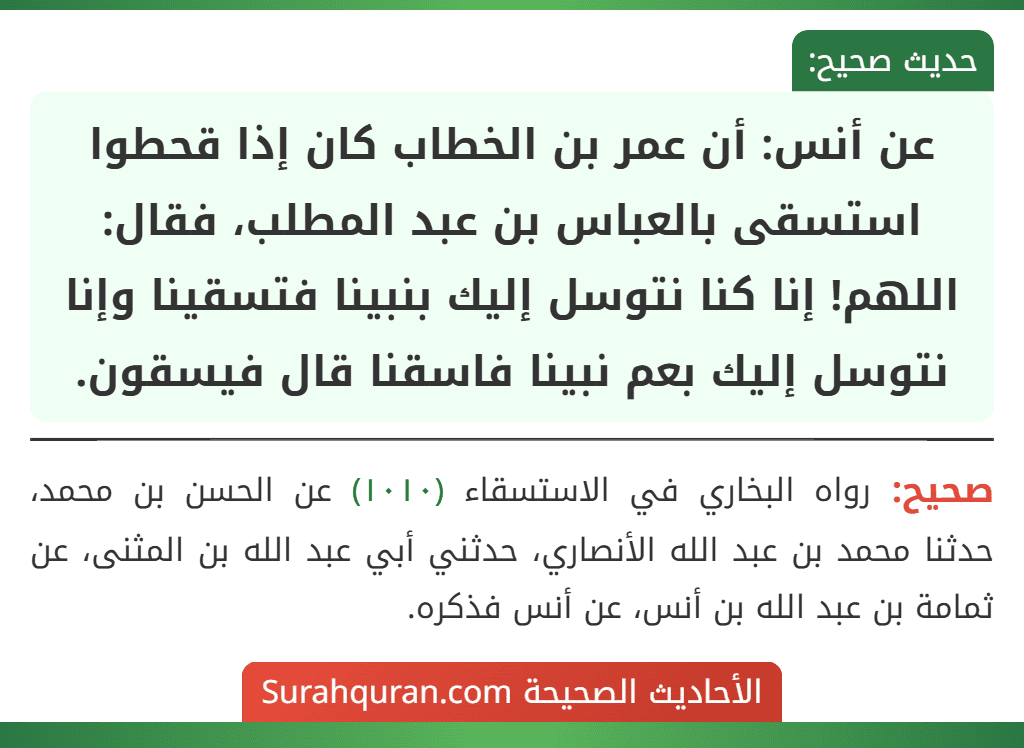 عن أنس: أن عمر بن الخطاب كان إذا قحطوا استسقى بالعباس بن عبد المطلب، فقال: اللهم! إنا كنا نتوسل إليك بنبينا فتسقينا وإنا نتوسل إليك بعم نبينا فاسقنا قال فيسقون.