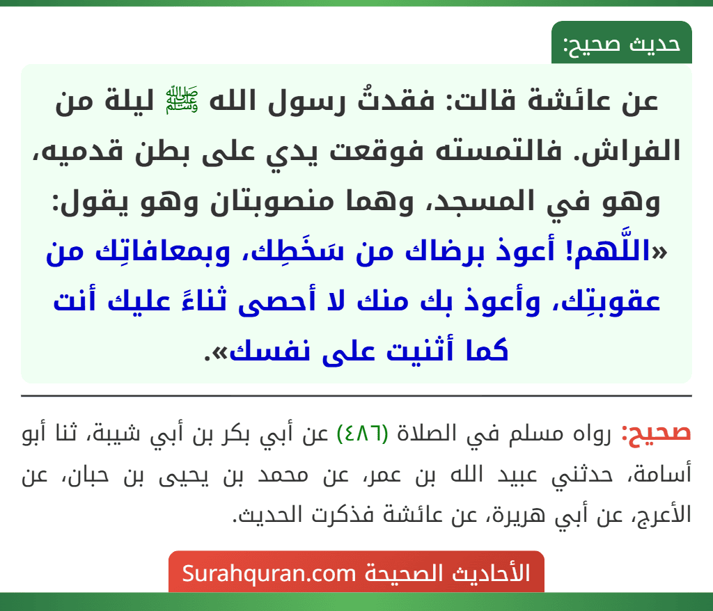 عن عائشة قالت: فقدتُ رسول الله ﷺ ليلة من الفراش. فالتمسته فوقعت يدي على بطن قدميه، وهو في المسجد، وهما منصوبتان وهو يقول: «اللَّهم! أعوذ برضاك من سَخَطِك، وبمعافاتِك من عقوبتِك، وأعوذ بك منك لا أحصى ثناءً عليك أنت كما أثنيت على نفسك».