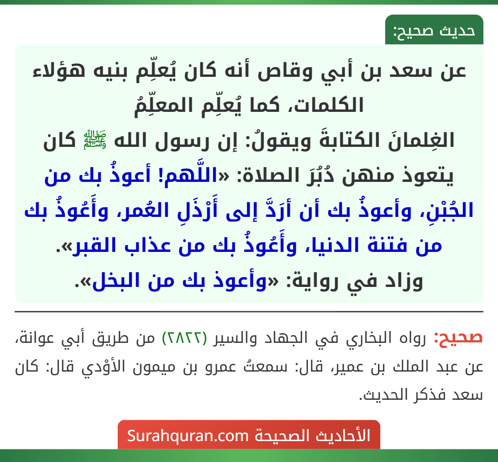 عن سعد بن أبي وقاص أنه كان يُعلِّم بنيه هؤلاء الكلمات، كما يُعلِّم المعلِّمُ
الغِلمانَ الكتابةَ ويقولُ: إن رسول الله ﷺ كان يتعوذ منهن دُبُرَ الصلاة: «اللَّهم! أعوذُ بك من الجُبْنِ، وأعوذُ بك أن أرَدَّ إلى أَرْذَلِ العُمر، وأَعُوذُ بك من فتنة الدنيا، وأَعُوذُ بك من عذاب القبر».
وزاد في رواية: «وأعوذ بك من البخل».