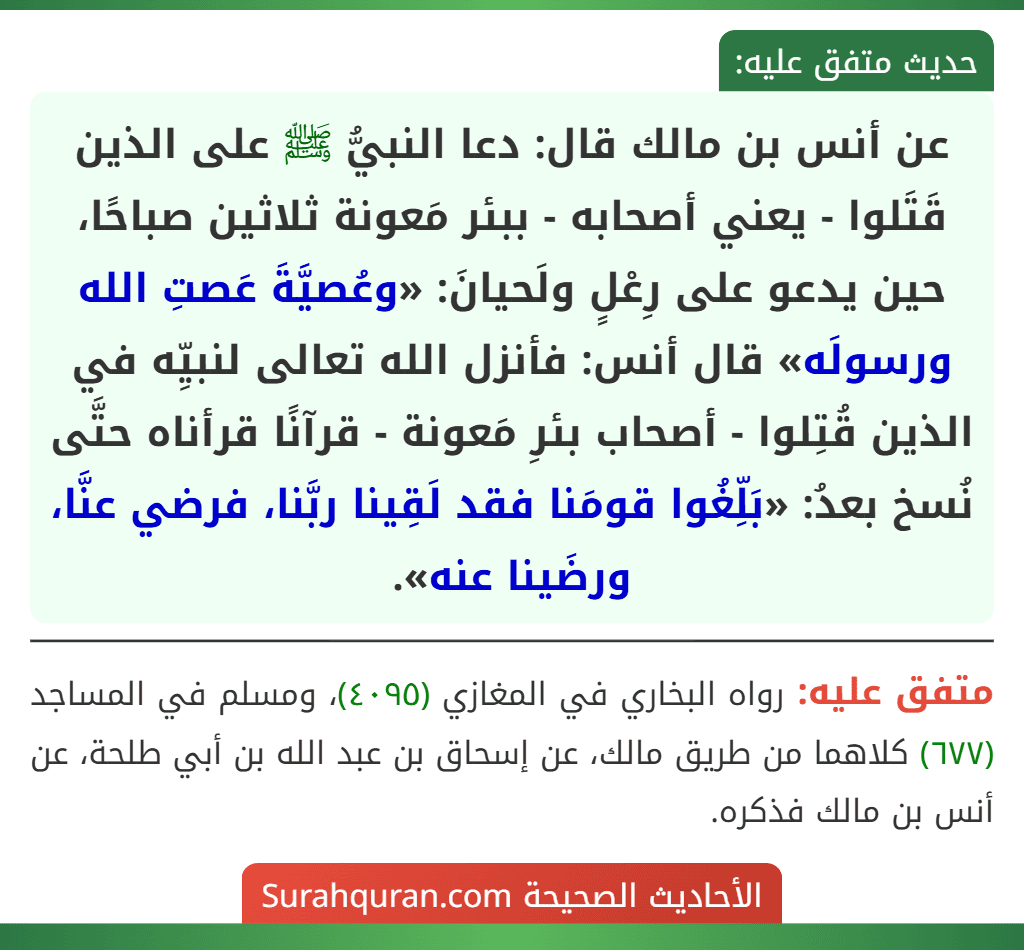 عن أنس بن مالك قال: دعا النبيُّ ﷺ على الذين قَتَلوا - يعني أصحابه - ببئر مَعونة ثلاثين صباحًا، حين يدعو على رِعْلٍ ولَحيانَ: «وعُصيَّةَ عَصتِ الله ورسولَه» قال أنس: فأنزل الله تعالى لنبيِّه في الذين قُتِلوا - أصحاب بئرِ مَعونة - قرآنًا قرأناه حتَّى نُسخ بعدُ: «بَلِّغُوا قومَنا فقد لَقِينا ربَّنا، فرضي عنَّا، ورضَينا عنه».