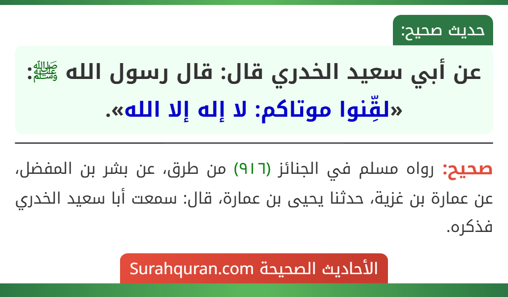 عن أبي سعيد الخدري قال: قال رسول الله ﷺ: «لقِّنوا موتاكم: لا إله إلا الله».