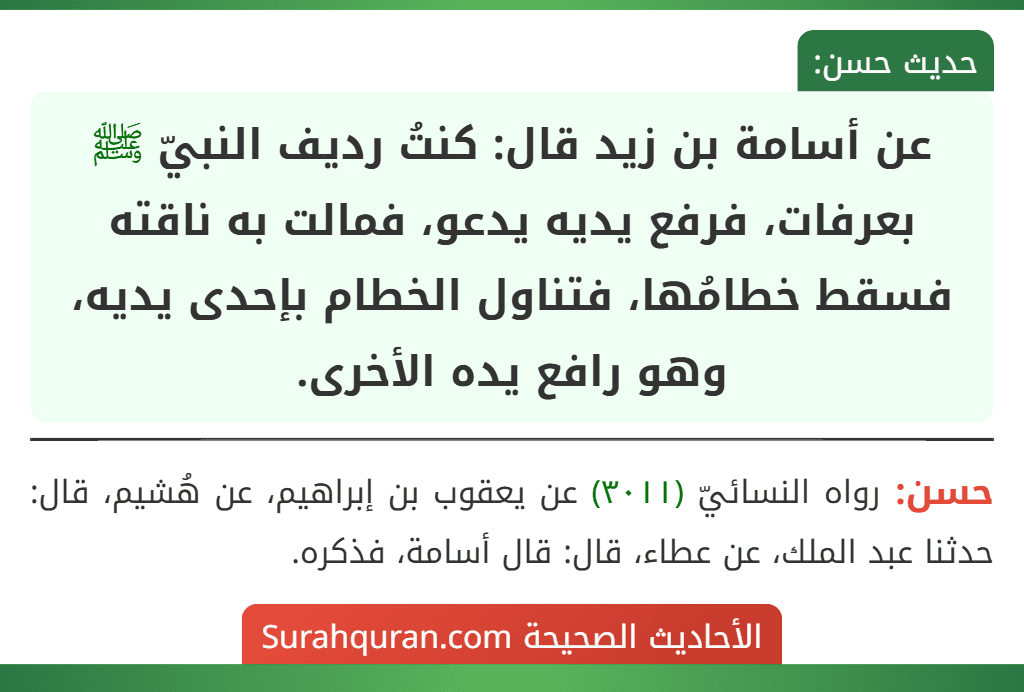 عن أسامة بن زيد قال: كنتُ رديف النبيّ ﷺ بعرفات، فرفع يديه يدعو، فمالت به ناقته فسقط خطامُها، فتناول الخطام بإحدى يديه، وهو رافع يده الأخرى.