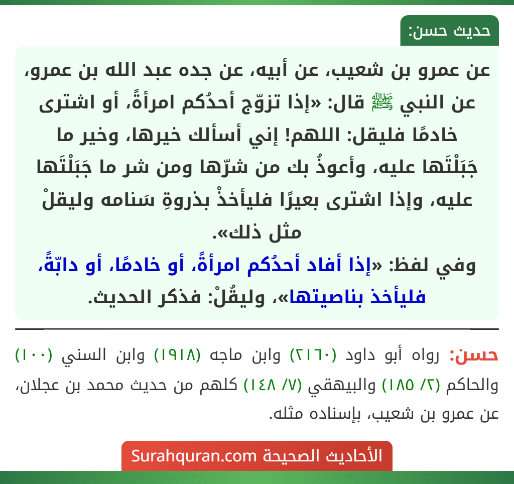 عن عمرو بن شعيب، عن أبيه، عن جده عبد الله بن عمرو، عن النبي ﷺ قال: «إذا تزوّج أحدُكم امرأةً، أو اشترى خادمًا فليقل: اللهم! إني أسألك خيرها، وخير ما
جَبَلْتَها عليه، وأعوذُ بك من شرّها ومن شر ما جَبَلْتَها عليه، وإذا اشترى بعيرًا فليأخذْ بذروةِ سَنامه وليقلْ مثل ذلك».
وفي لفظ: «إذا أفاد أحدُكم امرأةً، أو خادمًا، أو دابّةً، فليأخذ بناصيتها»، وليقُلْ: فذكر الحديث. عن عمرو بن شعيب، عن أبيه، عن جده عبد الله بن عمرو، عن النبي ﷺ قال: «إذا تزوّج أحدُكم امرأةً، أو اشترى خادمًا فليقل: اللهم! إني أسألك خيرها، وخير ما
جَبَلْتَها عليه، وأعوذُ بك من شرّها ومن شر ما جَبَلْتَها عليه، وإذا اشترى بعيرًا فليأخذْ بذروةِ سَنامه وليقلْ مثل ذلك».
وفي لفظ: «إذا أفاد أحدُكم امرأةً، أو خادمًا، أو دابّةً، فليأخذ بناصيتها»، وليقُلْ: فذكر الحديث.
