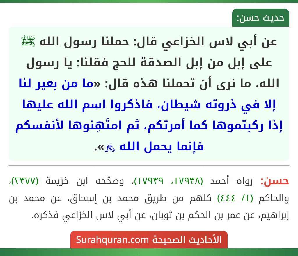 عن أبي لاس الخزاعي قال: حملنا رسول الله ﷺ على إبل من إبل الصدقة للحج فقلنا: يا رسول الله، ما نرى أن تحملنا هذه قال: «ما من بعير لنا إلا في ذروته شيطان، فاذكروا اسم الله عليها إذا ركبتموها كما أمرتكم، ثم امتَهِنوها لأنفسكم فإنما يحمل الله ﷿».