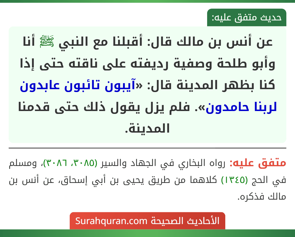 عن أنس بن مالك قال: أقبلنا مع النبي ﷺ أنا وأبو طلحة وصفية رديفته على ناقته حتى إذا كنا بظهر المدينة قال: «آيبون تائبون عابدون لربنا حامدون». فلم يزل يقول ذلك حتى قدمنا المدينة.