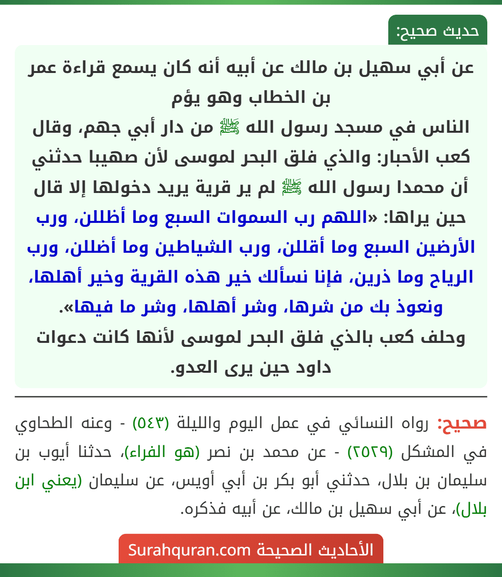 عن أبي سهيل بن مالك عن أبيه أنه كان يسمع قراءة عمر بن الخطاب وهو يؤم
الناس في مسجد رسول الله ﷺ من دار أبي جهم، وقال كعب الأحبار: والذي فلق البحر لموسى لأن صهيبا حدثني أن محمدا رسول الله ﷺ لم ير قرية يريد دخولها إلا قال حين يراها: «اللهم رب السموات السبع وما أظللن، ورب الأرضين السبع وما أقللن، ورب الشياطين وما أضللن، ورب الرياح وما ذرين، فإنا نسألك خير هذه القرية وخير أهلها، ونعوذ بك من شرها، وشر أهلها، وشر ما فيها».
وحلف كعب بالذي فلق البحر لموسى لأنها كانت دعوات داود حين يرى العدو.