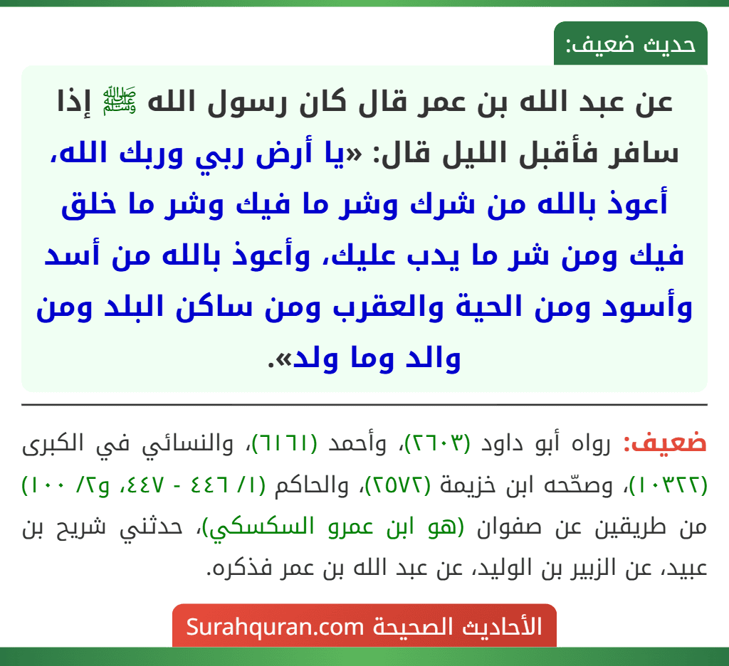 عن عبد الله بن عمر قال كان رسول الله ﷺ إذا سافر فأقبل الليل قال: «يا أرض ربي وربك الله، أعوذ بالله من شرك وشر ما فيك وشر ما خلق فيك ومن شر ما يدب عليك، وأعوذ بالله من أسد وأسود ومن الحية والعقرب ومن ساكن البلد ومن والد وما ولد».