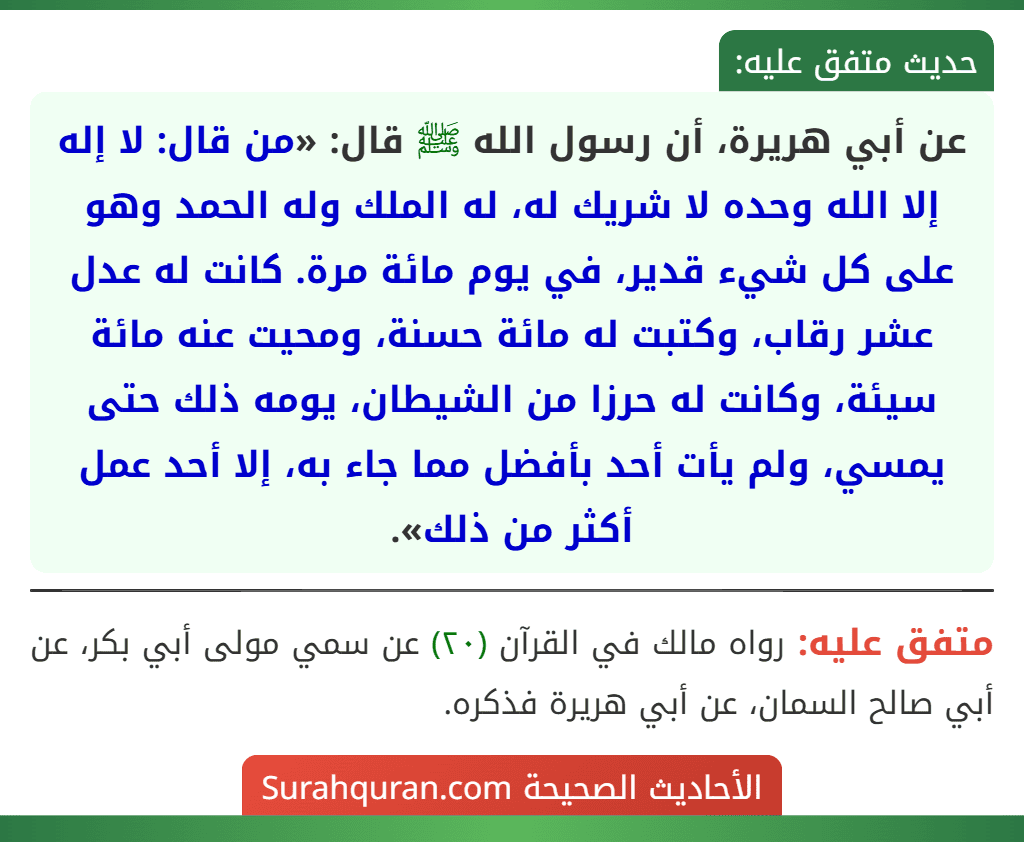 عن أبي هريرة، أن رسول الله ﷺ قال: «من قال: لا إله إلا الله وحده لا شريك له، له الملك وله الحمد وهو على كل شيء قدير، في يوم مائة مرة. كانت له عدل عشر رقاب، وكتبت له مائة حسنة، ومحيت عنه مائة سيئة، وكانت له حرزا من الشيطان، يومه ذلك حتى يمسي، ولم يأت أحد بأفضل مما جاء به، إلا أحد عمل أكثر من ذلك».