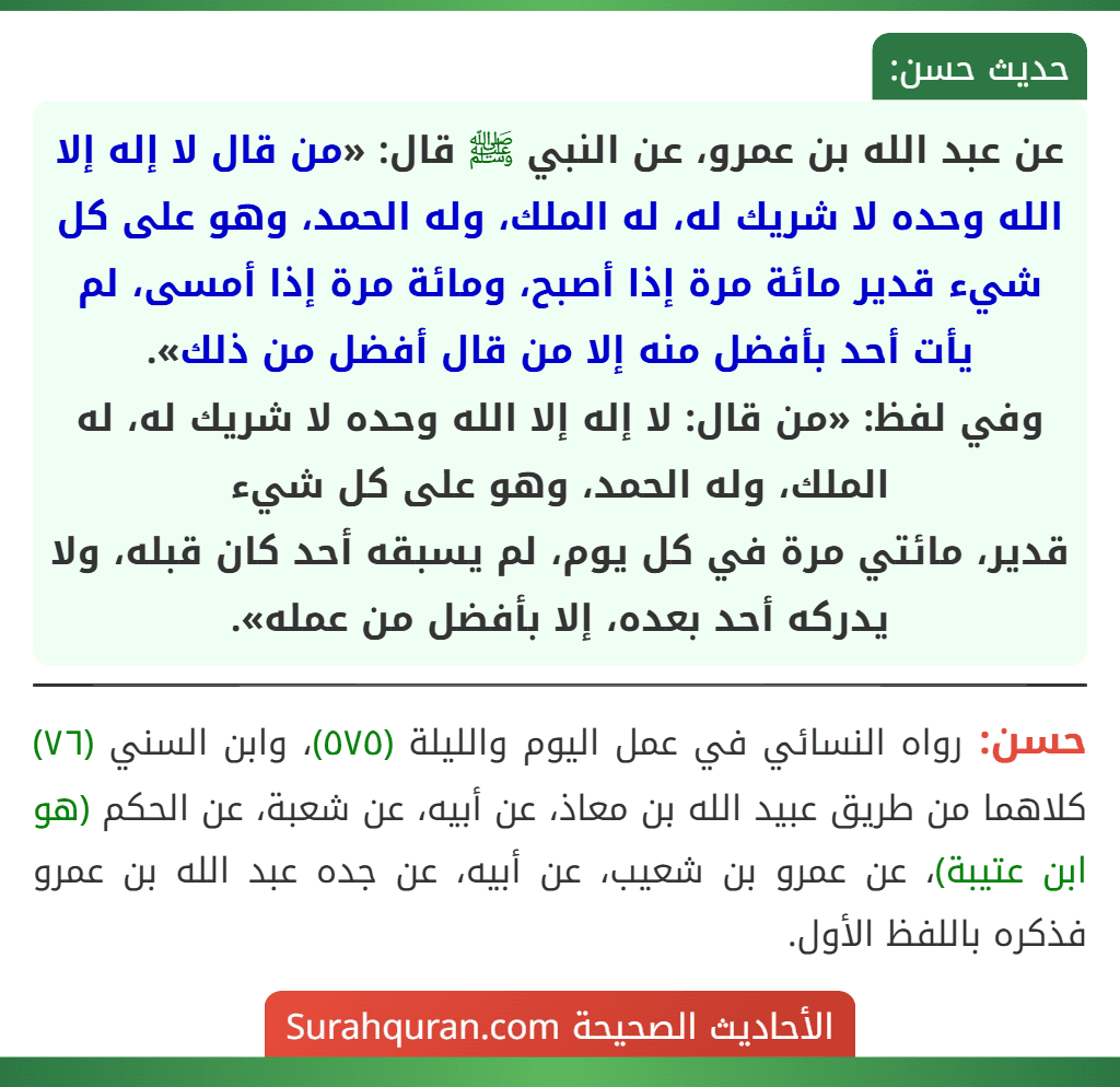 عن عبد الله بن عمرو، عن النبي ﷺ قال: «من قال لا إله إلا الله وحده لا شريك له، له الملك، وله الحمد، وهو على كل شيء قدير مائة مرة إذا أصبح، ومائة مرة إذا أمسى، لم يأت أحد بأفضل منه إلا من قال أفضل من ذلك».
وفي لفظ: «من قال: لا إله إلا الله وحده لا شريك له، له الملك، وله الحمد، وهو على كل شيء
قدير، مائتي مرة في كل يوم، لم يسبقه أحد كان قبله، ولا يدركه أحد بعده، إلا بأفضل من عمله».