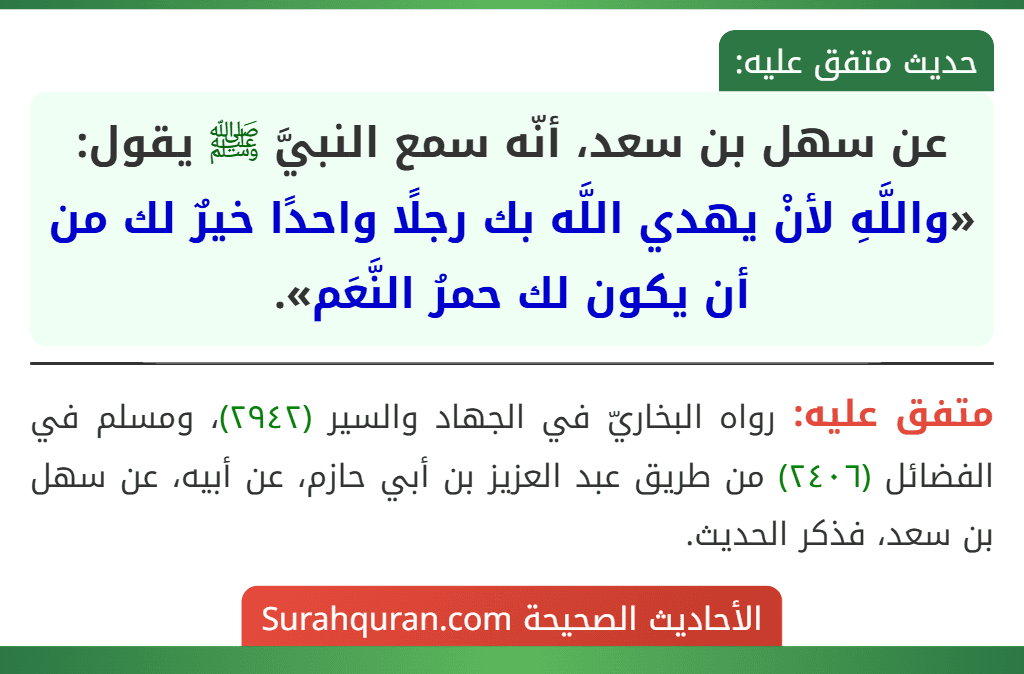 عن سهل بن سعد، أنّه سمع النبيَّ ﷺ يقول: «واللَّهِ لأنْ يهدي اللَّه بك رجلًا واحدًا خيرٌ لك من أن يكون لك حمرُ النَّعَم».