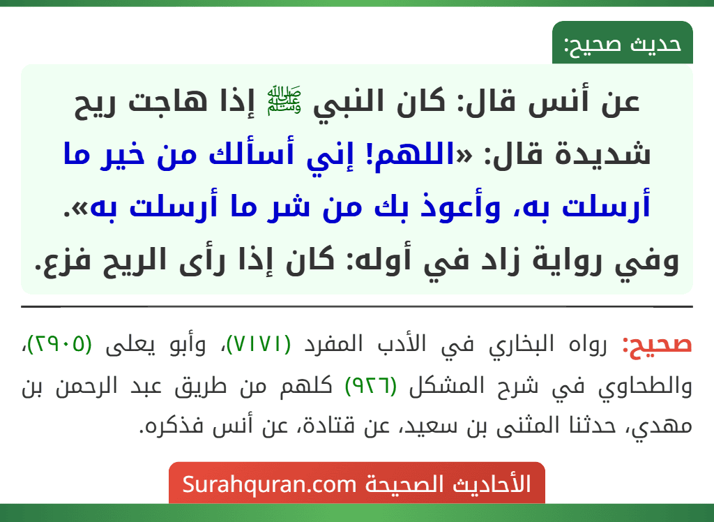 عن أنس قال: كان النبي ﷺ إذا هاجت ريح شديدة قال: «اللهم! إني أسألك من خير ما أرسلت به، وأعوذ بك من شر ما أرسلت به».
وفي رواية زاد في أوله: كان إذا رأى الريح فزع.