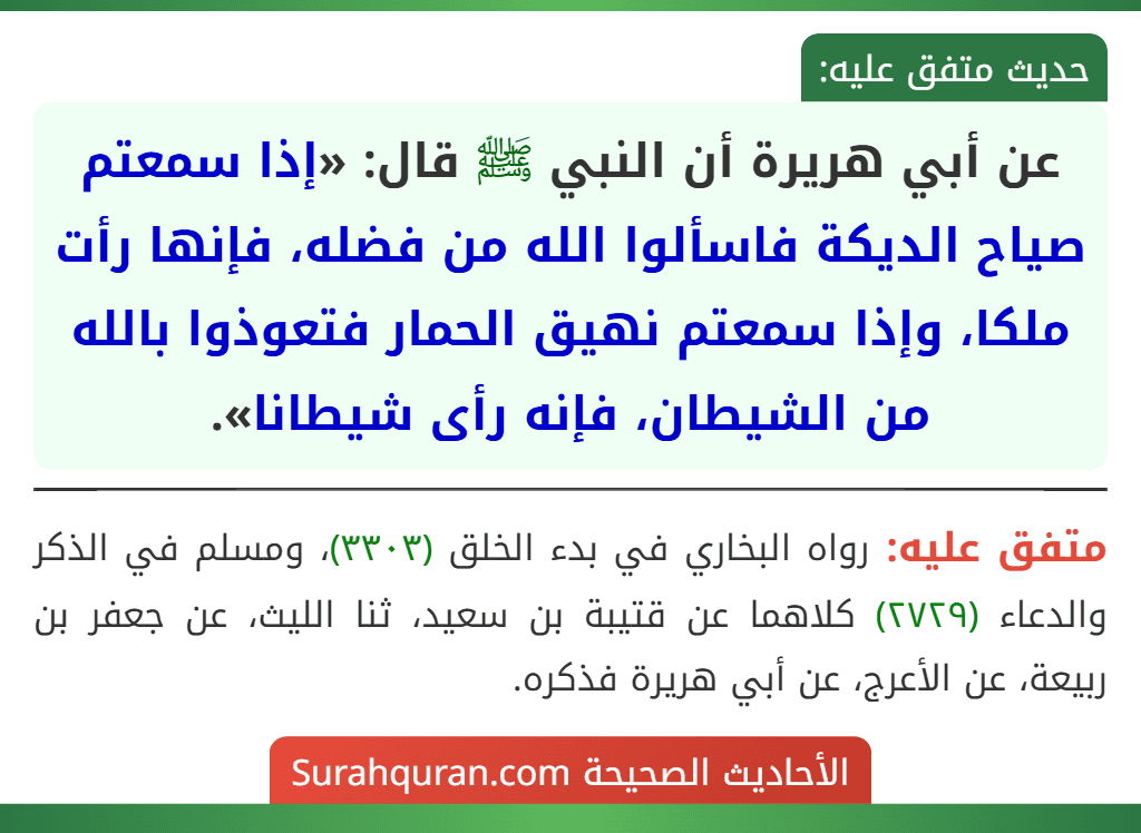 عن أبي هريرة أن النبي ﷺ قال: «إذا سمعتم صياح الديكة فاسألوا الله من فضله، فإنها رأت ملكا، وإذا سمعتم نهيق الحمار فتعوذوا بالله من الشيطان، فإنه رأى شيطانا».